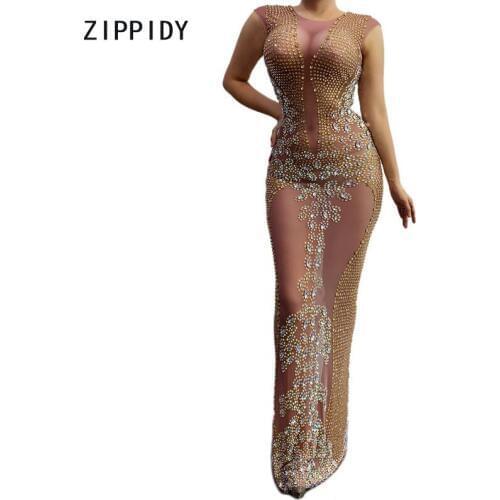 New Gold Rhinestone Nude Transparent Dress Womens Mesh Birthday Celebrate Outfit Prom Dance Singer Stage Long Dress