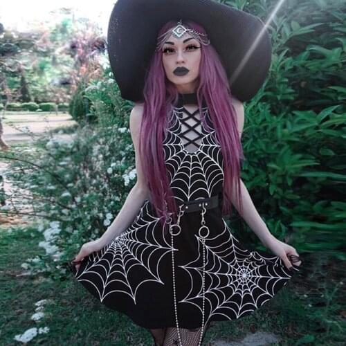 Off Shoulder Dress Women Gothic Style Hollow Out Halter Dresses Black Slim Halloween High Waist Sexy Backless Lace Up Mini Dress