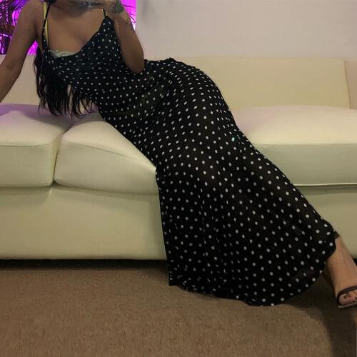 XLLAIS Valentine Summer Black White Spot Print Dresses Fit And Flare V-neck Sleeveless Vestidos Women Floor-Length Outfits