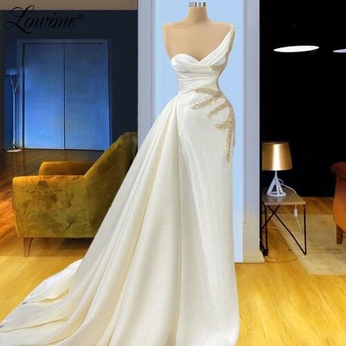 Lowime Gold Beaded Evening Gown 2021 Mermaid Long One Shoulder Middle East Women Formal Party Dress Celebrity Prom Dresses Robes