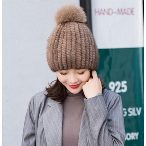 Winter Women Luxury Real Mink Fur Hat with Top Natural Fox Fur Pompom Ball Knitted Warm Lady Caps New Arrival H2