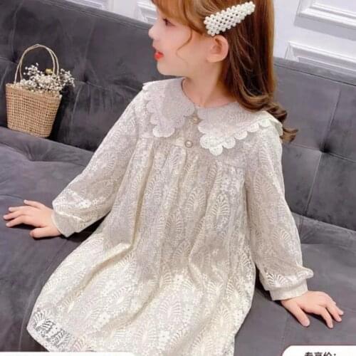4-14 Years Kids Long Sleeve Lace Dresses For Girls Loose Knee Length Solid Princess Dress Little Toddler Girls Cothes 6 8 10 12