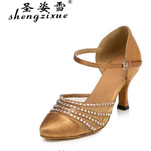 WUXIJIAO Tan Satin Latin Modern dance shoes female Autumn and Winter Ballroom dancing shoes thin heels 7.5cm
