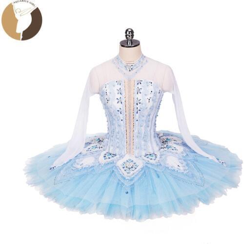 Women Adult Profession Ballet Pancake Tutu Sky Blue Color Long Mesh Sleeve Ballerina Ballet Competition Dance Costume Dresses