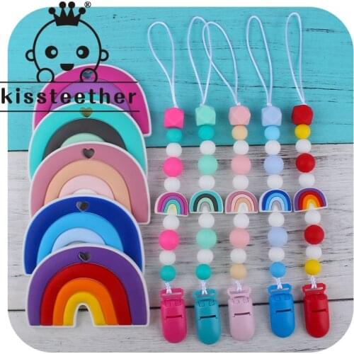 Kissteether Baby Teether Pacifier Clip Chain Set BPA-Free Food Grade Silicone Rainbow Teether Baby Molar Toy Anti-Drop Product