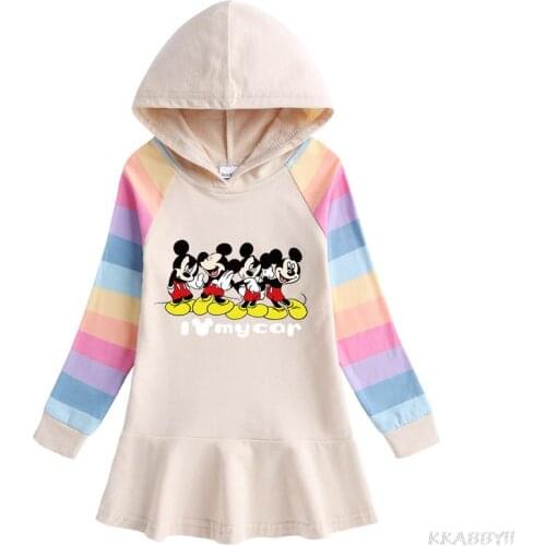 Mickey Mouse Pullover Dress Cartoon Rainbow Girls Dresses Childrens Long Sleeve Hooded Dress Disney Princess Clothing