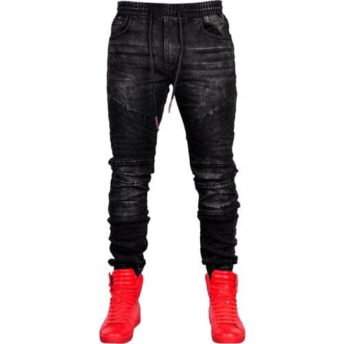 Mens Stretch Jeans Classic Black Blue Spring 2021 Slinky Casual Stripe Motorbike Pocket Pencil Jeans European large size