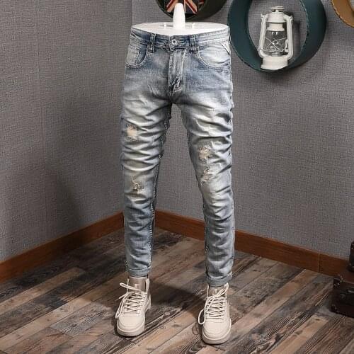 European Vintage Fashion Men Jeans Retro Light Blue Elastic Slim Fit Ripped Jeans Men Patchwork Designer Casual Denim Punk Pants