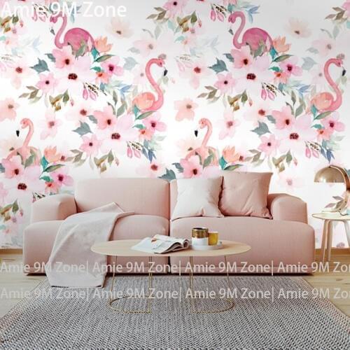 Tuya Art pure pink florals and flamingo design wall-paper for bedroom mural wallpapers for living room and bed room discount