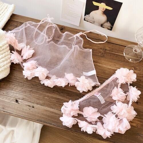 Wriufred sexy petal bud bra set silk gauze transparent vest underwear set pajamas set nightie sweet fairy