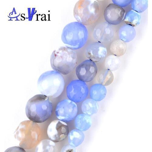 Natural Light Blue White Faceted Fire Agates Round Loose Beads for Jewelry Making 6/8/10mm DIY Bracelets Nevklace Jewellery 15"
