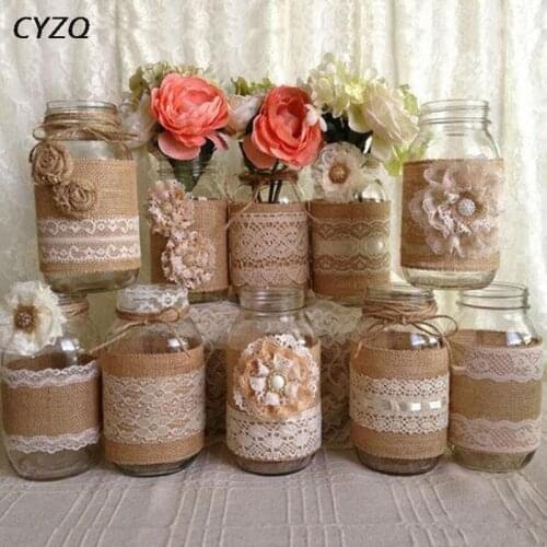 2 Meter Width 5cm Jute Burlap Rolls Hessian Ribbon With Lace Trim Vintage Rustic Wedding Decoration Ornament Party Wedding Decor