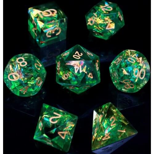 Haxtec Sharp Edge Dice Set D&D 7 Piece Green Mylar Polyhedral DND Dice for Roleplaying Dice Games-Green Origin