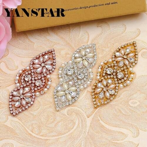 YANSTAR 30PCS Wholesale Bridal Sash Rhinestone Applique With Beads On Wedding Dress Iron On For Bridal Gown Sash YS884