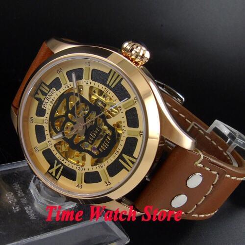 Parnis 45mm skeleton dial Dual time zone Gold case sapphire glass Gold MIYOTA Automatic movement Mens watch 588A