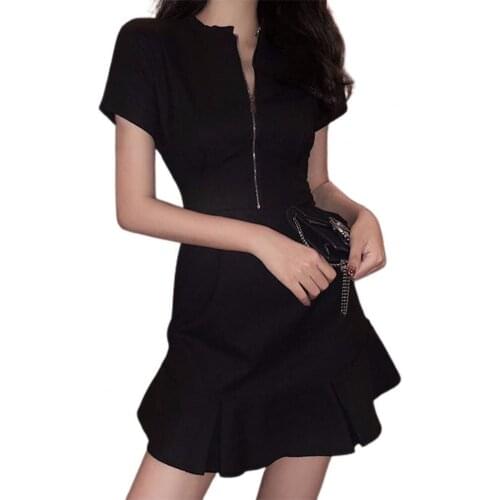 Short Sleeve Women Dress High Waist A-line Fishtail Hem Zipper Mini Dress Women Summer Vintage A-Line Sexy Chic Vestidos Female