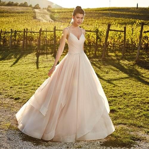 Beach Wedding Dresses Spaghetti Strap Champagne A Line Tulle Backless Princess Long Wedding Gown Boho Bride Dress 2020 Casamento