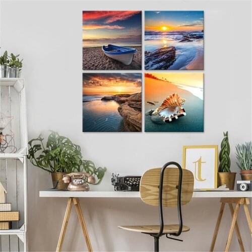 Seaside Beach Boat Canvas Painting Sunset Landscape Poster Home Wall Art Decor Pictures Living Room Bedroom Aesthetic Murals