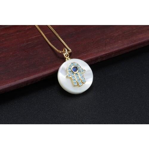 Rainbow cz glass paved blue evil eye charm white water drop shell pendant & choker necklace for women