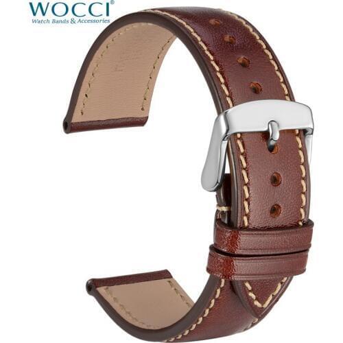 WOCCI Watch Strap 18mm 20mm 22mm Full Grain Leather Watch Band Red with Beige Stitching Elegant Vintage Watchband Replacement