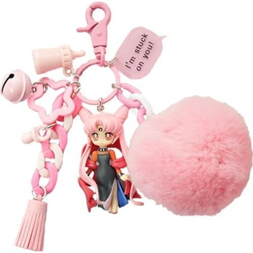 Sailor Moon Fashion Car Keychains For Women Anime Kawaii Pendants Ornaments With Bells Fur Pompom Tassel Bags Hangings Gift Boxs
