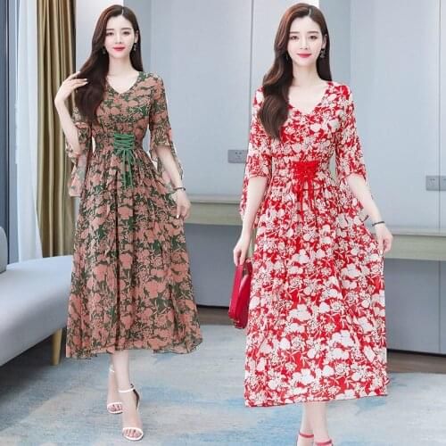 High End Floral French Print Chiffon Dress 20201 Summer New Temperament V-Neck 3/4 Sleeve Slim Dress Elegant Female Robes zh1377