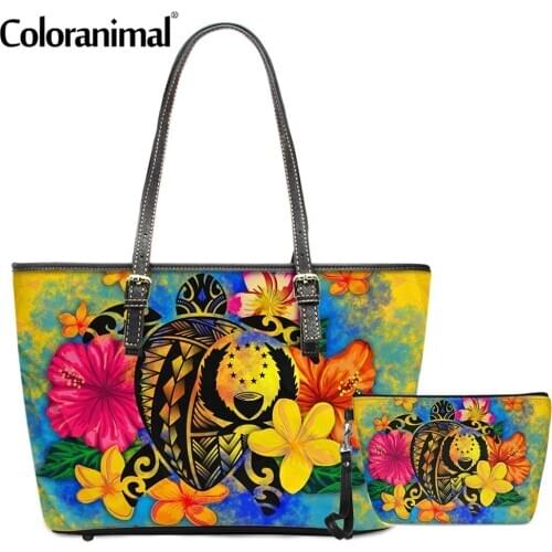 Coloranimal Pohnpei Polynesian Turtle with Flower Printing PU Shoulder Bag for Women 2Pcs/set Crossbody Bag&Wallet Tote Bolsa