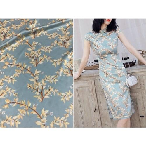 Fresh blue bottom gold leaf printing silk stretch satin fabric 140cm wide 19mm heavy silk dress shirt cheongsam fabric summer