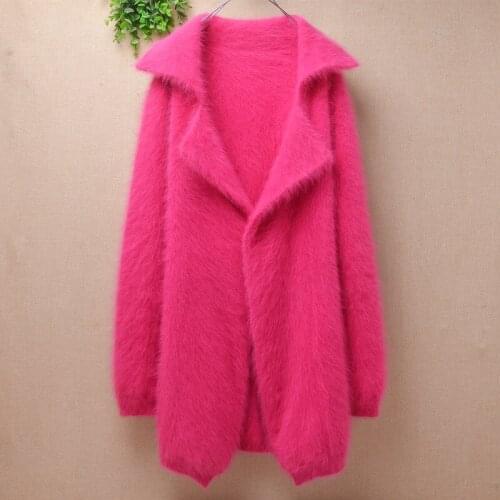 Ladies women fashion pull rose Fall Winter mink cashmere knitted suit collar long sleeves slim cardigans angora fur jacket coat