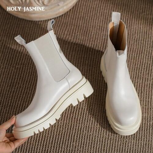 2021 Autumn Women Boots Round Toe Comfortable Low-Heel Boots for Women Platform Genuine Leather Brock Elastic Band Ankle Boots