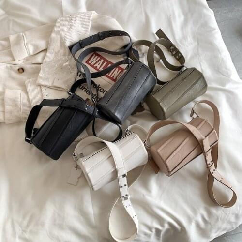 Womens Cylindrical Crossbody Bags Pillow Shape Leather Shoulder Bag Female Bucket Messenger Bag Wide Shoulder Small Pouch Purse