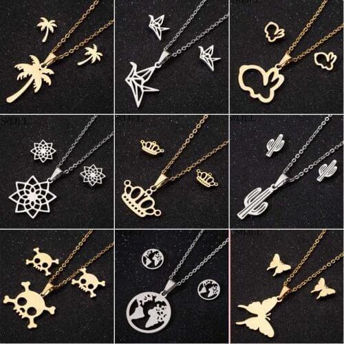SMJEL Simple Necklaces for Women Stainless Steel Rose Flower Crane Animal Crown Map Pendant Fashion Statement Jewelry Female BFF