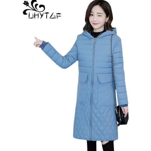 UHYTGF Women winter jackets fashion thin and light Down jacket slim warm coatsHooded casual long coat Plus size parkas mujer 899