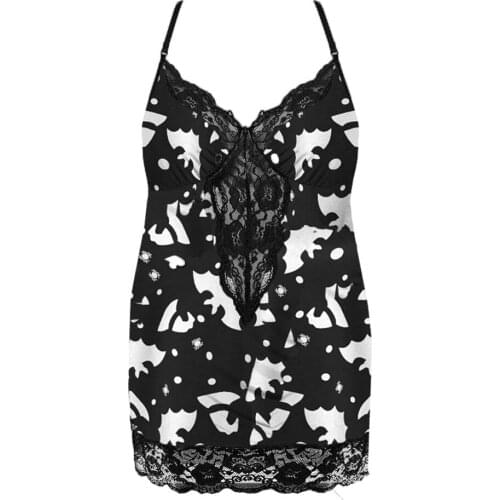 Women Lace Perspective Hollow Out Lingerie Deep V-Neck Sleepwear Soft Comfortable Underwear Sling G-string Nightdress ropa mujer