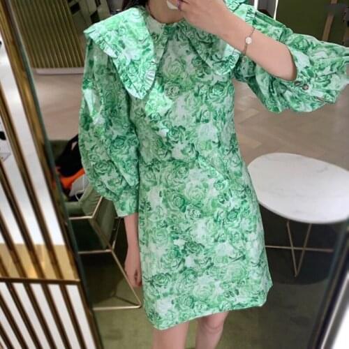 Large Peter Pan Collar Women Mini Dress Fashion Green Flowers Print Puff Sleeve Lady Short Dresses Clothes 2020 Summer