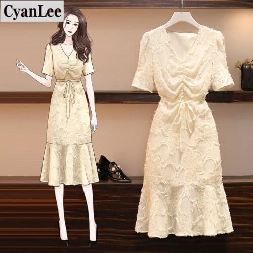 Plus size women solid Summer mermaid dress 2020 short puff sleeve pleated v neck dress high waist ruffle trumpet dress vestidos