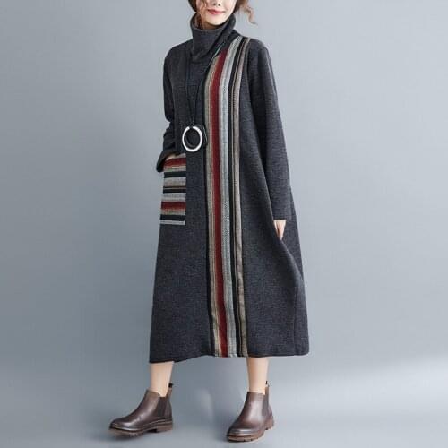 Johnature 2021 New Knitting Loose Women Sweater Dresses Autumn Winter Turtleneck Striped Big Pockets Female Dress