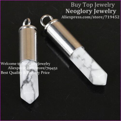 10pcs Nature White Howlite Gems Point Bullet Pendant Hexagon Quartz Druzy Pendant Real Silver Plated Casing Pendant