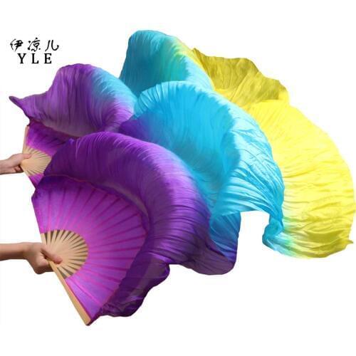 100% Silk Belly Dance Fans 1 Pair Handmade High Quality Bamboo Ribs Long Silk Belly Dance Fans Purple+Turquoise+Yellow 180*90 cm