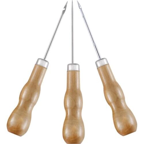 3Pcs Wooden Handle Sewing Awl set DIY Carft Stitch Needle Cone Die Stencils Canvas Shoes Repair Punch Awl Leather Craft Awl Tool