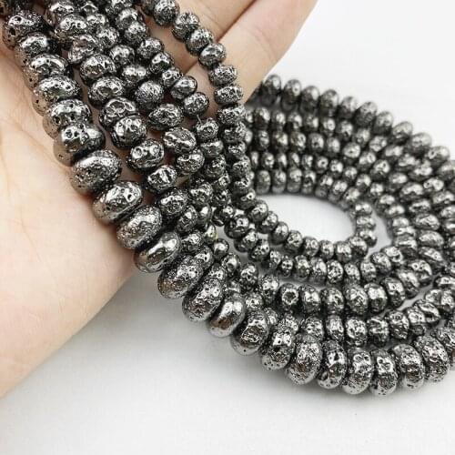 Gun Black Plated Natural Lava Stone 6/8/10MM DIY Flat Round Spacer Loose Beads For Jewelry Necklace bracelets Making Accessories