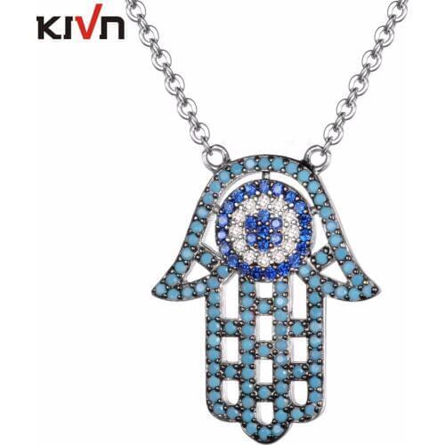 KIVN Fashion Jewelry CZ Cubic Zirconia Hamsa Turkish Blue eye Womens Girls Bridal Wedding Pendant Necklaces Birthday Gifts