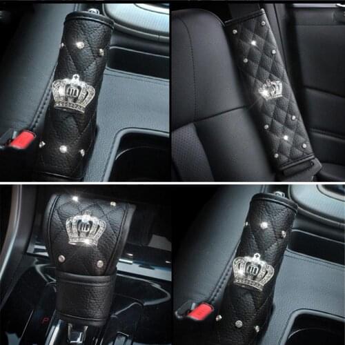 Leather Car Seat Belt Cover Universal Car Seat Hand Brake Gear Cover Crown Rhinestones Car Interior Decoration Set Protection