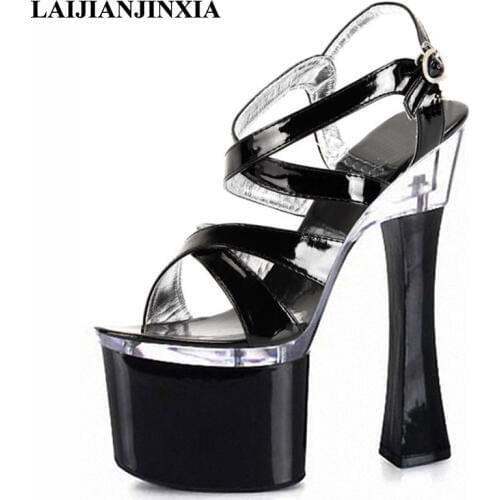 LAIJIANJINXIA 2018 Summer Women Dancing Shoes Nightclub Party Shoes 18cm Square High Heels Platform Sandals Pole Dance Shoes