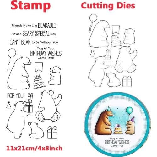 Happy Birthday Bear Metal Cutting Dies Clear Stamps Transparent Silicone Seal for DIY Scrapbooking Photo Album Decorate