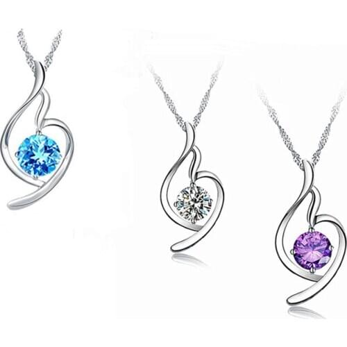 Trendy Silver 925 Women Necklace Jewelry Bright Crystal Blue Pendant Necklaces For Girl Choker Accessories Female Necklaces