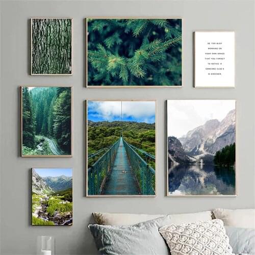 Bark Pine Nature Poster Mountain Lake Landscape Painting Forest Road Bridge Canvas Print Nordic Wall Pictures Living Room Decor