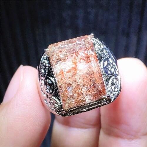 Natural Red Orange Phantom Quartz Adjustable Ring 22x15mm Garden 925 Sterling Silver Rectangle Bead Ring AAAAAA