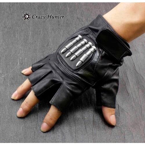 1 Pair Genuine Leather Mens Bullet Fingerless Gloves For Biker Rock Gig