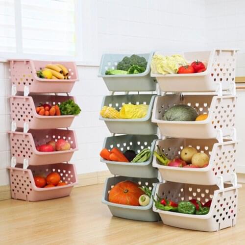 Durable StackableKitchen Storage Basket Plastic Multi-functional Hollow Design Vegetables Fruit Racks Stackable Organizer